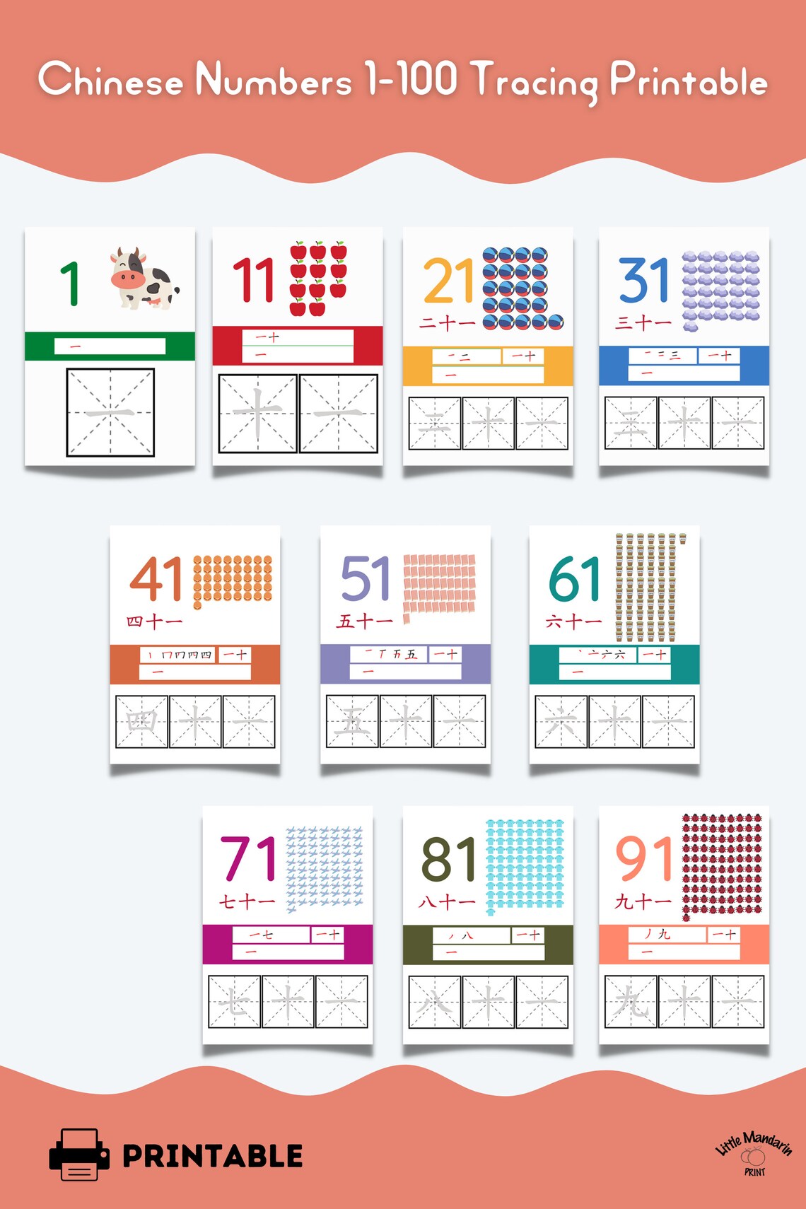 Chinese numbers 1 100 tracing and counting flashcards for etsy