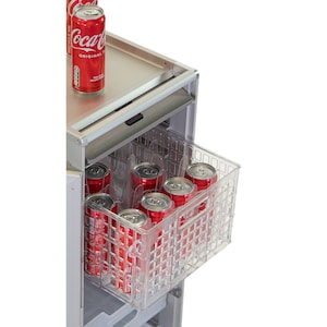 NIEUW REK voor glas en blik of LADE voor blikjes en glas voor vliegtuigtrolley. Lade voor karretje van luchtvaartmaatschappij. Horecarek. Lade voor glazen blikje met rolbeugel.