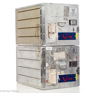 2 small original Tui Fly airline galley CONTAINERS with stickers. ALUMINIUM airplane storage BOXES. Canister flight case, original condition