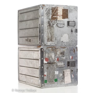 2 small Britannia airline galley CONTAINERS with stickers. ALUMINIUM airplane storage BOXES. Canister flight case, original condition