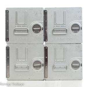 4 airplane or airline storage containers used by Bamboo Airways. Industrial aluminium cupboard, nightstands, stackable industrial boxes.