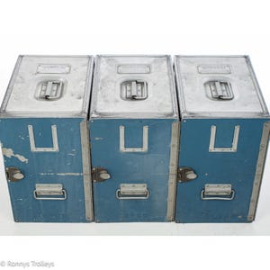 3 Original blue KLM Aluminium Airline CONTAINERS - Atlas galley box -  Industrial storage unit. Unique aluminium Aviation Box
