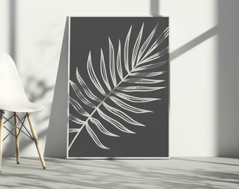 Neutral Toned Tropical Leaf Black & White Design Wall Art, Digital Download, Foliage Leaves Wall Poster Print, Outdoors Ocean Breeze Art