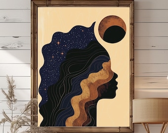 Celestial Art Print, Moon & Stars Print, Modern Boho, Lunar Print