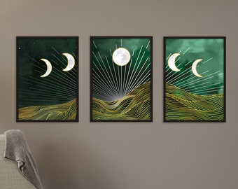 Midnight Sky Set of 3 Art Print | Dark Green Modern Art Print | Mountain Art Print | Landscape Art Print | Celestial Poster | Moon Print |