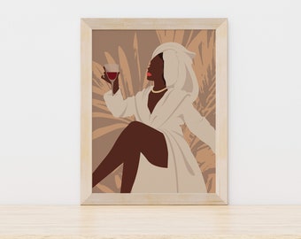 Black art poster, Black Woman Self-Care Wall Art Print, Feminine Decor , Afro art, Neutral Boho Bathroom Decor, Wine Glass Illustration,