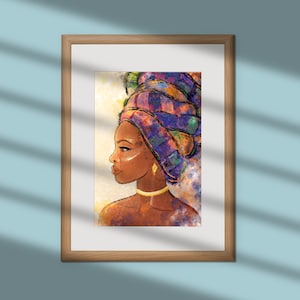 May include: A painting of a woman with dark skin wearing a colorful head wrap. The woman is looking to the side and has a gold necklace and earring. The background is a light yellow with splashes of color.