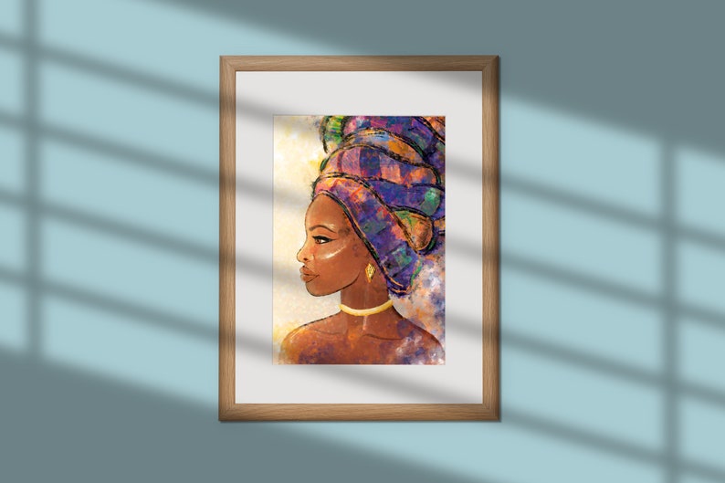 May include: A painting of a woman with dark skin wearing a colorful head wrap. The woman is looking to the side and has a gold necklace and earring. The background is a light yellow with splashes of color.