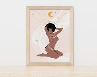 Black Woman Art Print | Celestial Print | Bathroom Art | Naked Drawing Art| Feminine Goddess | Moon Art | Witchy Print | African Art | Nude