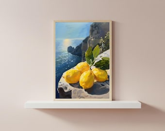 Amalfi Coast Lemon Art Print – Mediterranean Wall Art, Italian Coastal Decor Kitchen Art Lemons, Italian Landscape Painting