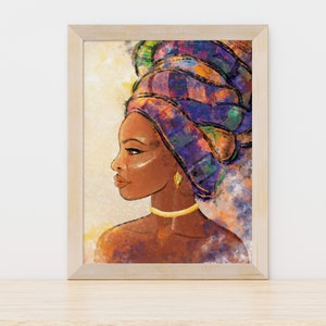 May include: A painting of a woman with dark skin wearing a colorful head wrap. The woman is looking to the side and has a gold necklace and earrings. The background is a light yellow with a watercolor effect.