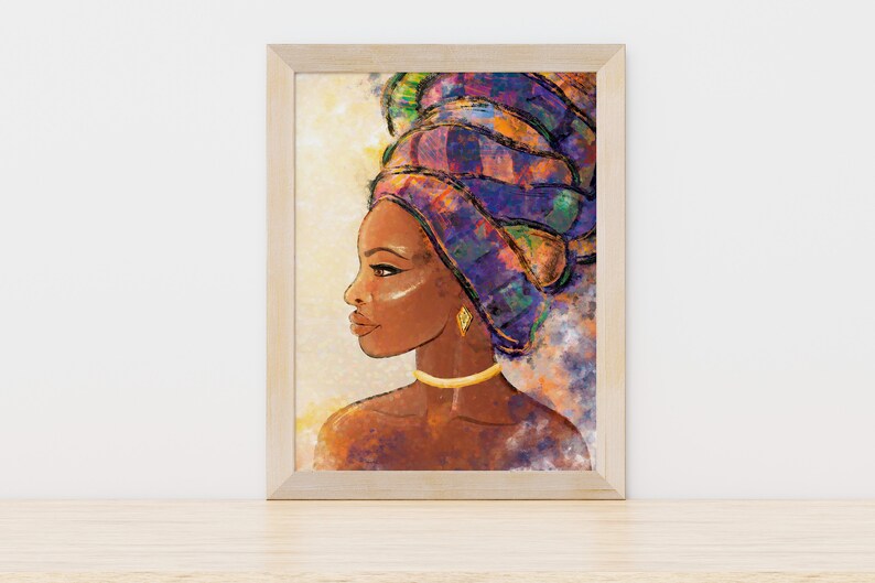 May include: A painting of a woman with dark skin wearing a colorful head wrap. The woman is looking to the side and has a gold necklace and earrings. The background is a light yellow with a watercolor effect.