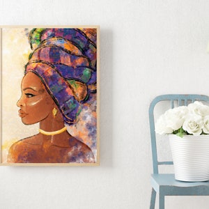 May include: A painting of a woman with dark skin wearing a colorful head wrap. The woman is looking to the side and has a gold necklace and earrings.