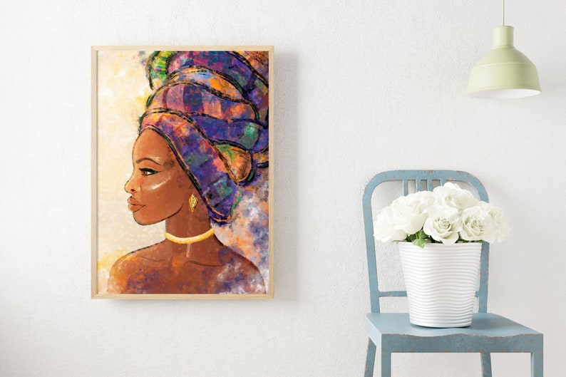 May include: A painting of a woman with dark skin wearing a colorful head wrap. The woman is looking to the side and has a gold necklace and earrings.