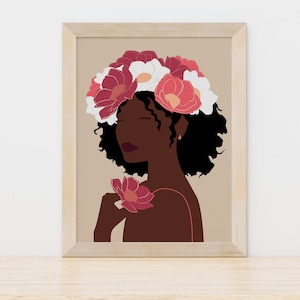 Flower crown art | Abstract Black Woman Art | Black Girl Poster | African Woman Art | Art Gift | Female Portrait Print | Flower Art Decor
