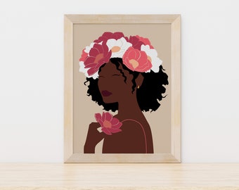 Flower crown art | Abstract Black Woman Art | Black Girl Poster | African Woman Art | Art Gift | Female Portrait Print | Flower Art Decor