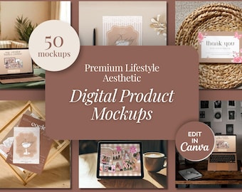 50 Premium Lifestyle Canva Mockup Bundle | Digital Product Mockups for Creators, Etsy Sellers, Online Business Branding, Laptop Phone Tablet
