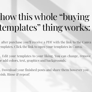 May include: White background with text explaining how to use Canva templates. The text reads: "how this whole 'buying templates' thing works:" followed by three steps: receive a PDF, edit templates, and download. Shadows are cast across the image.