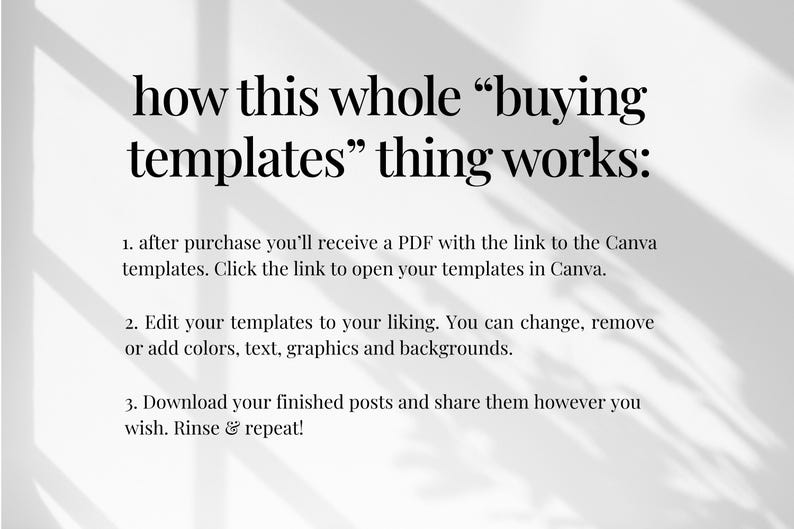 May include: White background with text explaining how to use Canva templates. The text reads: "how this whole 'buying templates' thing works:" followed by three steps: receive a PDF, edit templates, and download. Shadows are cast across the image.