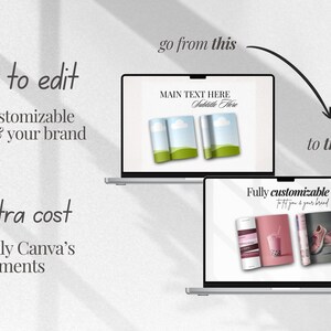May include: Image showing two laptops with design mockups. The top laptop displays a design with three images and the text "MAIN TEXT HERE" and "Subtitle Here". The bottom laptop shows a design with a drink, book, and shoe. Text includes "Easy to edit" and "Fully customizable".