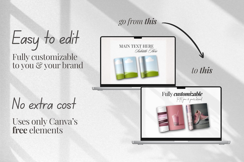 May include: Image showing two laptops with design mockups. The top laptop displays a design with three images and the text "MAIN TEXT HERE" and "Subtitle Here". The bottom laptop shows a design with a drink, book, and shoe. Text includes "Easy to edit" and "Fully customizable".