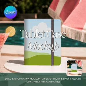 May include: A rectangular tablet case featuring a light blue sky, a white cloud, and green rolling hills, secured by a vertical dark grey elastic band. The text Tablet Case Mockup is printed in white across the centre of the case.