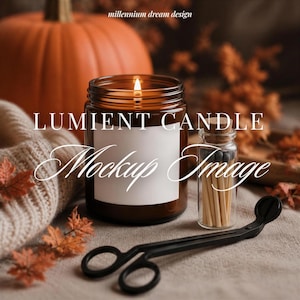 May include: A brown glass jar candle with a white label, a small glass bottle filled with wooden matches, and a black metal wick trimmer. The text "LUMIENT CANDLE Mockup Image" and "millennium dream design" are visible on the image.