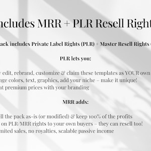 May include: White background with text: Includes MRR + PLR Resell Rights. This pack includes Private Label Rights (PLR) + Master Resell Rights (MRR). PLR lets you: edit, rebrand, customize & claim templates as your own. MRR adds: resell the pack & keep 100% of the profits.