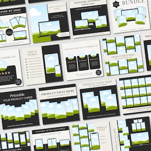 May include: A collection of digital product templates with various layouts for showcasing products. The designs feature images of devices like phones, tablets, and laptops, with a landscape graphic. Text includes "DISCOVER MY SHOP", "PRODUCT TITLE HERE", and "Printable YOUR PRODUCT CARDS".