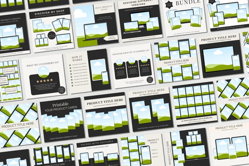 May include: A collection of digital product templates with various layouts for showcasing products. The designs feature images of devices like phones, tablets, and laptops, with a landscape graphic. Text includes "DISCOVER MY SHOP", "PRODUCT TITLE HERE", and "Printable YOUR PRODUCT CARDS".