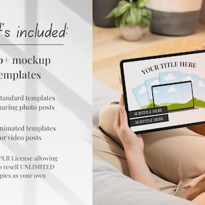 May include: A person holding a tablet displaying a mockup template. The tablet screen shows a laptop graphic with a landscape scene and the text "YOUR TITLE HERE" and "SUBTITLE HERE". The image also includes text: "400+ mockup templates".
