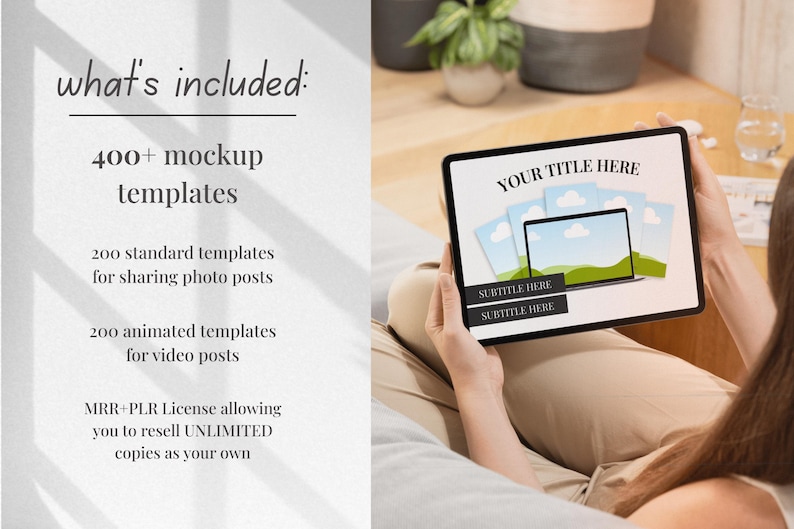 May include: A person holding a tablet displaying a mockup template. The tablet screen shows a laptop graphic with a landscape scene and the text "YOUR TITLE HERE" and "SUBTITLE HERE". The image also includes text: "400+ mockup templates".