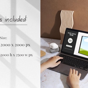 May include: A laptop displaying a digital book cover with a green field and blue sky. The screen shows the text "MAIN TITLE HERE" and a number "50". The text "sizes included:" and size details are also visible.