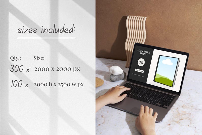 May include: A laptop displaying a digital book cover with a green field and blue sky. The screen shows the text "MAIN TITLE HERE" and a number "50". The text "sizes included:" and size details are also visible.