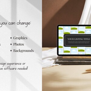 May include: A digital tablet displaying a design template with the text "YOUR LISTING TITLE". The tablet is propped up on a stack of wooden blocks. The text "What you can change" and bullet points are visible.