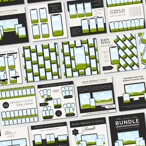 May include: A collection of digital product templates with a modern design. The templates feature smartphone mockups with green and white landscape graphics. Text includes "Product Title Here", "Everything You Need", and "Bundle".