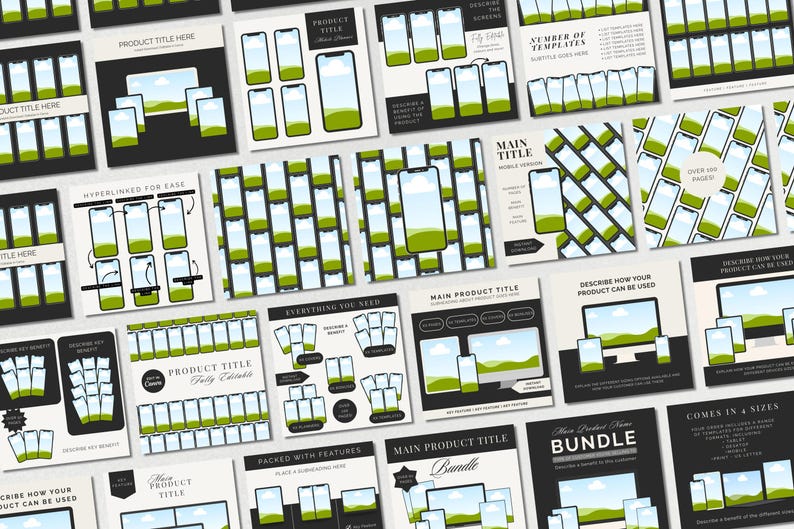 May include: A collection of digital product templates with a modern design. The templates feature smartphone mockups with green and white landscape graphics. Text includes "Product Title Here", "Everything You Need", and "Bundle".