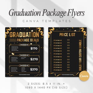 Könnte beinhalten: Zwei schwarze und goldene Abschluss-Paket-Flyer mit dem Text "Graduation 2026 Package Deals" und "Price List". Die Flyer sind Canva-Vorlagen mit Paketangeboten und einer Preisliste. Die Abmessungen sind 21,6 x 27,9 cm und 1080 x 1440 px.
