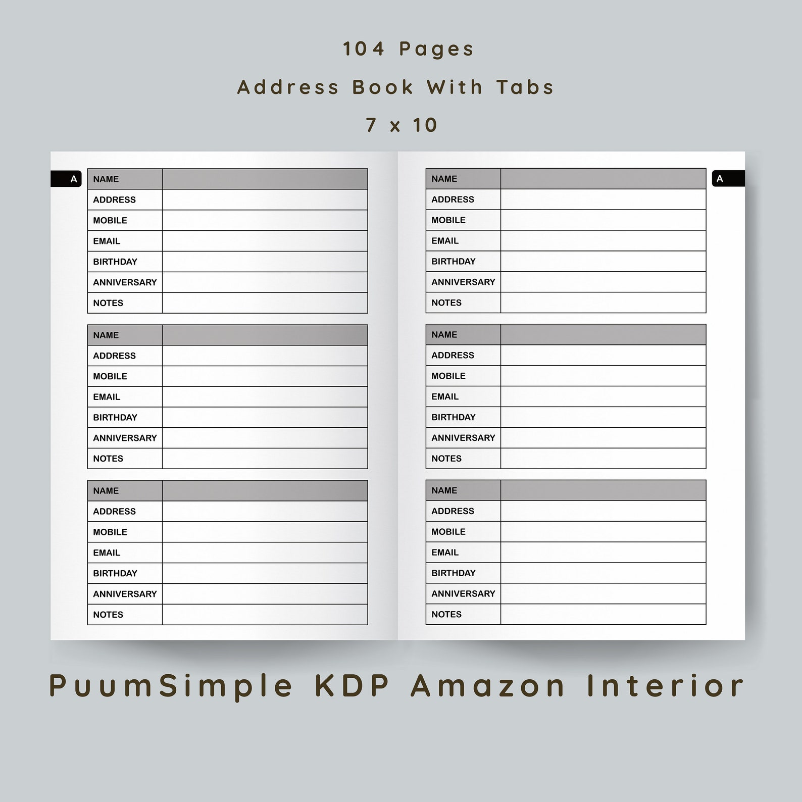 KDP Amazon Interior Address Book With Tabs 7x10 Inches Etsy