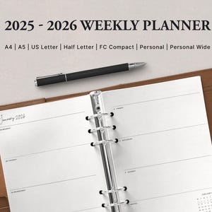 Planificador semanal imprimible 2025-2026 / Semana en dos páginas / A4, A5, Carta (EE. UU.), Media carta, Personal, Personal ancho