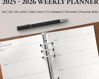 2025 - 2026 Weekly Planner Printable | Week on Two Pages | A4, A5, US Letter, Half Letter, Personal, Personal Wide