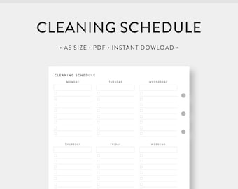 May include: A printable cleaning schedule checklist with sections for Monday, Tuesday, Wednesday, Thursday, Friday, Weekend, and Everyday. The checklist has a section for each day of the week and a section for tasks to be completed every day.