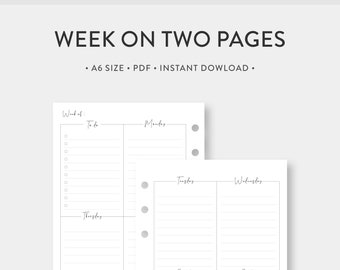 A6, Weekly Planner Printable | Week on Two Pages wo2p | Undated Template Journal PDF Inserts | A6 Size | Vertical Simple | Digital Download