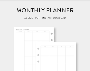 A6, Minimalist Monthly Planner Printable Calendar | Month on Two Pages | Undated Simple Template Journal PDF Inserts | A6 size | mo2p