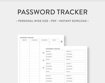 Personal Wide, Password Tracker Printable | Password Log Password Keeper | Simple Minimal Template PDF Inserts