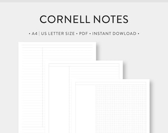 A4, US Letter, Cornell Notes Template | Grid, Lined Paper | College University Taking Study Note | Simple Minimal | Printable Inserts PDF