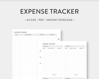 May include: Two white expense tracker sheets with the title "EXPENSE TRACKER" at the top. The sheets are A5 size and have columns for date, description, category, and amount. The text "A5 SIZE • PDF • INSTANT DOWNLOAD" is also visible.