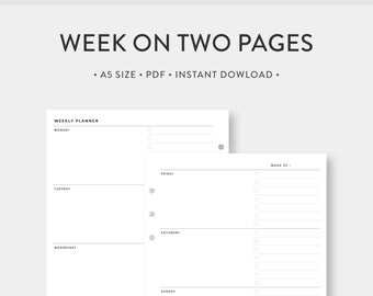 A5, Weekly Planner Printable | WO2P Weekly To do List, CheckList | Weekly Agenda | Week on Two Pages | Horizontal Layout PDF Inserts