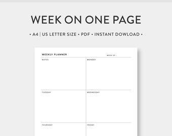 A4 | US Letter, Minimalist Weekly Planner Printable | Week on One Page | WO1P | Minimal Simple Undated Template Journal PDF Inserts