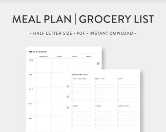 Half Letter, Weekly Meal Planner, Grocery List Printable | Shopping list, Menu, Health Planner | Minimal Simple Template Journal PDF Inserts